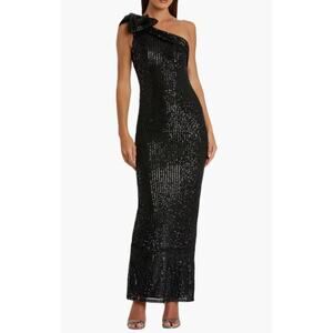 Mac Duggal Sequined Bow One Shoulder Column Gown Black Formal Elegant Size 6